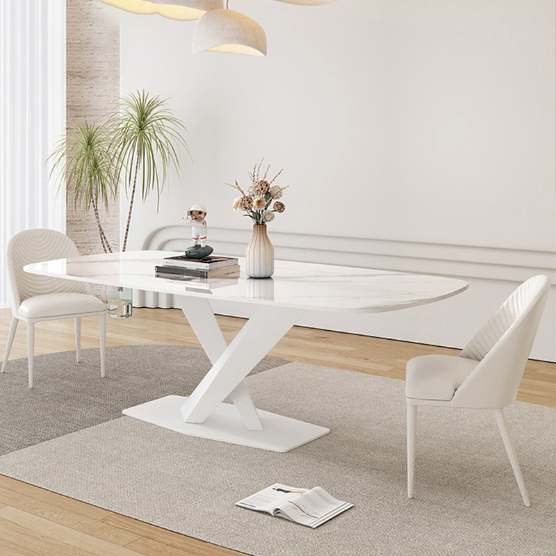 Modern Pedestal Dining Table Rectangle Stone Dining Table for Dining Room 55.1"L x 27.6"W x 29.5"H Without Chairs Clearhalo 'Dining Tables & Seating' 'Dining Tables' 'dining_table' 'furn' 'furn_dining_table' 'Furniture' 'Kitchen & Dining Furniture' 6512688
