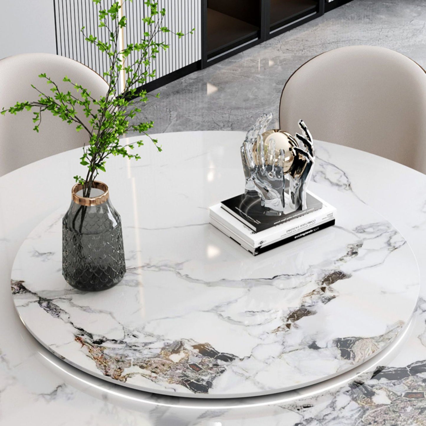 Mesa de comedor redonda moderna Mesa de comedor de piedra con base de pedestal de acero inoxidable