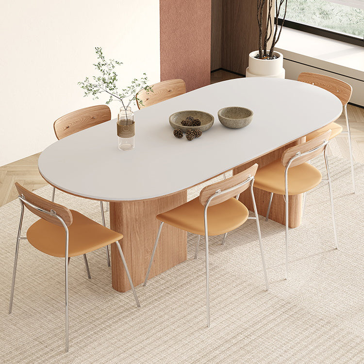 Oval Stone Dining Table Contemporary Dining Table with Double Pedestal Base Oval 63"L x 31.5"W x 29.5"H Without Chairs Clearhalo 'Dining Tables & Seating' 'Dining Tables' 'dining_table' 'furn' 'furn_dining_table' 'Furniture' 'Kitchen & Dining Furniture' 6512958