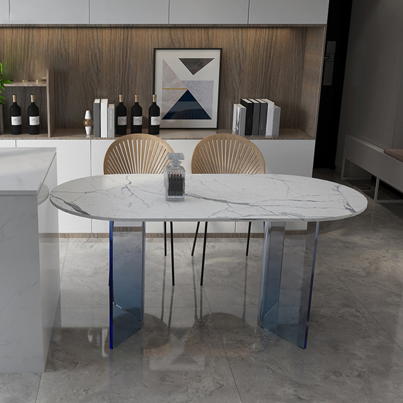 White Oval Stone Dining Table Modern Acrylic Double Pedestal Dining Table 55.1"L x 31.5"W x 29.5"H Without Chairs Clearhalo 'Dining Tables & Seating' 'Dining Tables' 'dining_table' 'furn' 'furn_dining_table' 'Furniture' 'Kitchen & Dining Furniture' 6513030