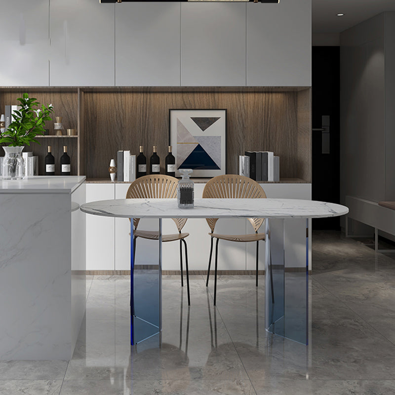 White Oval Stone Dining Table Modern Acrylic Double Pedestal Dining Table 51.2"L x 27.6"W x 29.5"H Without Chairs Clearhalo 'Dining Tables & Seating' 'Dining Tables' 'dining_table' 'furn' 'furn_dining_table' 'Furniture' 'Kitchen & Dining Furniture' 6513031