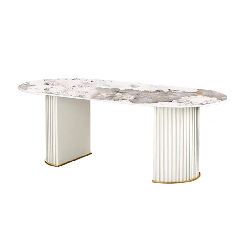 Iron Double Pedestal Dining Table Modern Oval Dining Table for Dining Room Pandora Gold 70.9"L x 31.5"W x 29.5"H Without Chairs Clearhalo 'Dining Tables & Seating' 'Dining Tables' 'dining_table' 'furn' 'furn_dining_table' 'Furniture' 'Kitchen & Dining Furniture' 6513045