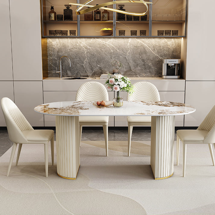 Iron Double Pedestal Dining Table Modern Oval Dining Table for Dining Room Pandora Gold 63"L x 31.5"W x 29.5"H Without Chairs Clearhalo 'Dining Tables & Seating' 'Dining Tables' 'dining_table' 'furn' 'furn_dining_table' 'Furniture' 'Kitchen & Dining Furniture' 6513047