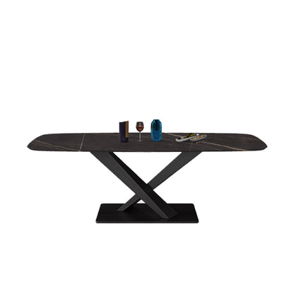 Mesa rectangular de estilo industrial, mesa de piedra sinterizada con patas de metal para cocina