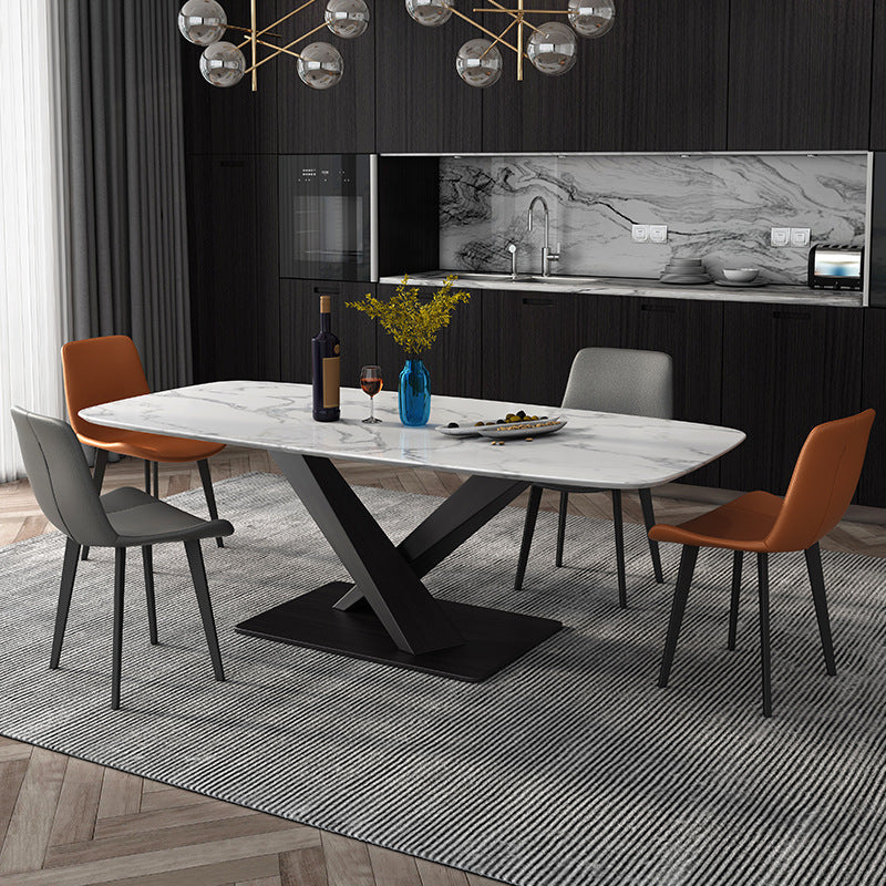 Mesa rectangular de estilo industrial, mesa de piedra sinterizada con patas de metal para cocina