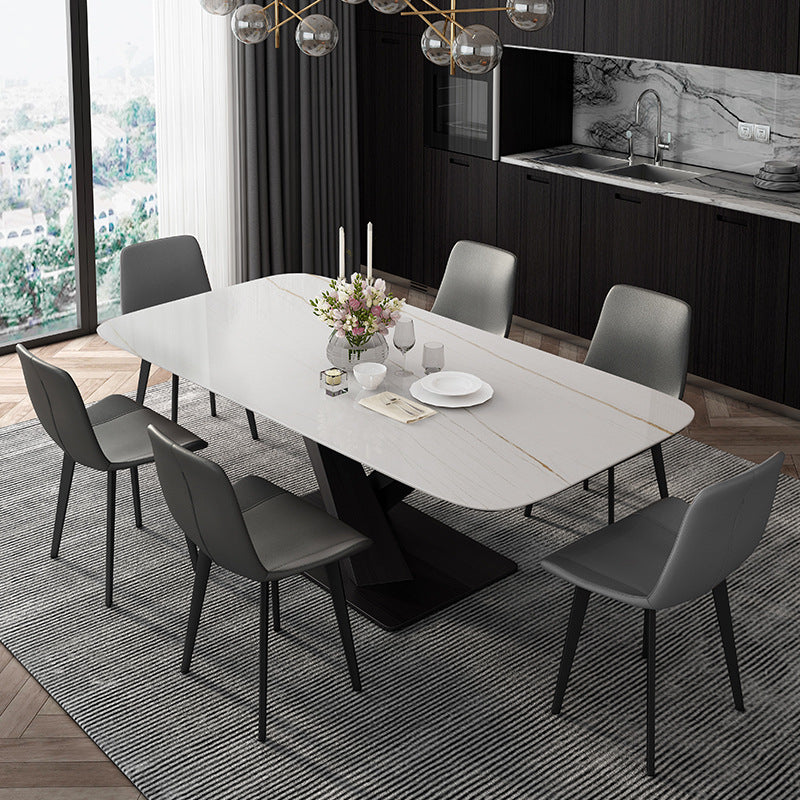 Mesa rectangular de estilo industrial, mesa de piedra sinterizada con patas de metal para cocina