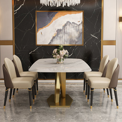 Mesa rectangular de comedor estilo Glam, mesa de piedra sinterizada con patas de metal para el hogar