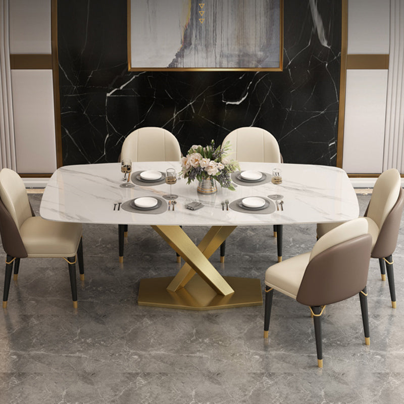 Mesa rectangular de comedor estilo Glam, mesa de piedra sinterizada con patas de metal para el hogar