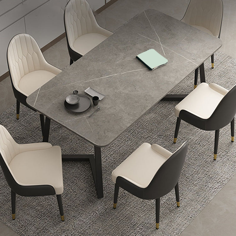 Modern Matte Finish Dining Table for Home Stone Top Dinette Table with Metal Sled Gray 55.1"L x 31.5"W x 29.5"H Without Chairs Clearhalo 'Dining Tables & Seating' 'Dining Tables' 'dining_table' 'furn' 'furn_dining_table' 'Furniture' 'Kitchen & Dining Furniture' 6513268