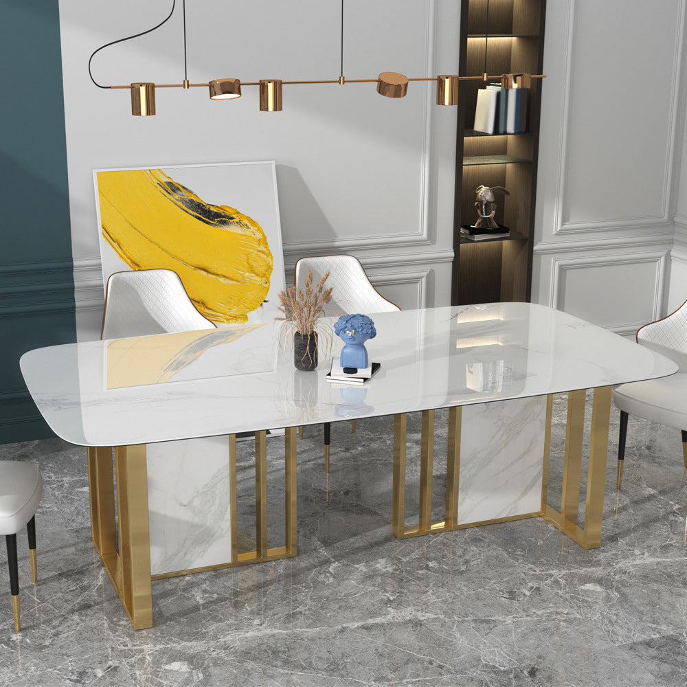 Glam Rectangle Dining Table Sintered Stone Table with Metal Legs for Home Use 70.9"L x 35.4"W x 29.5"H Without Chairs Clearhalo 'Dining Tables & Seating' 'Dining Tables' 'dining_table' 'furn' 'furn_dining_table' 'Furniture' 'Kitchen & Dining Furniture' 6513363