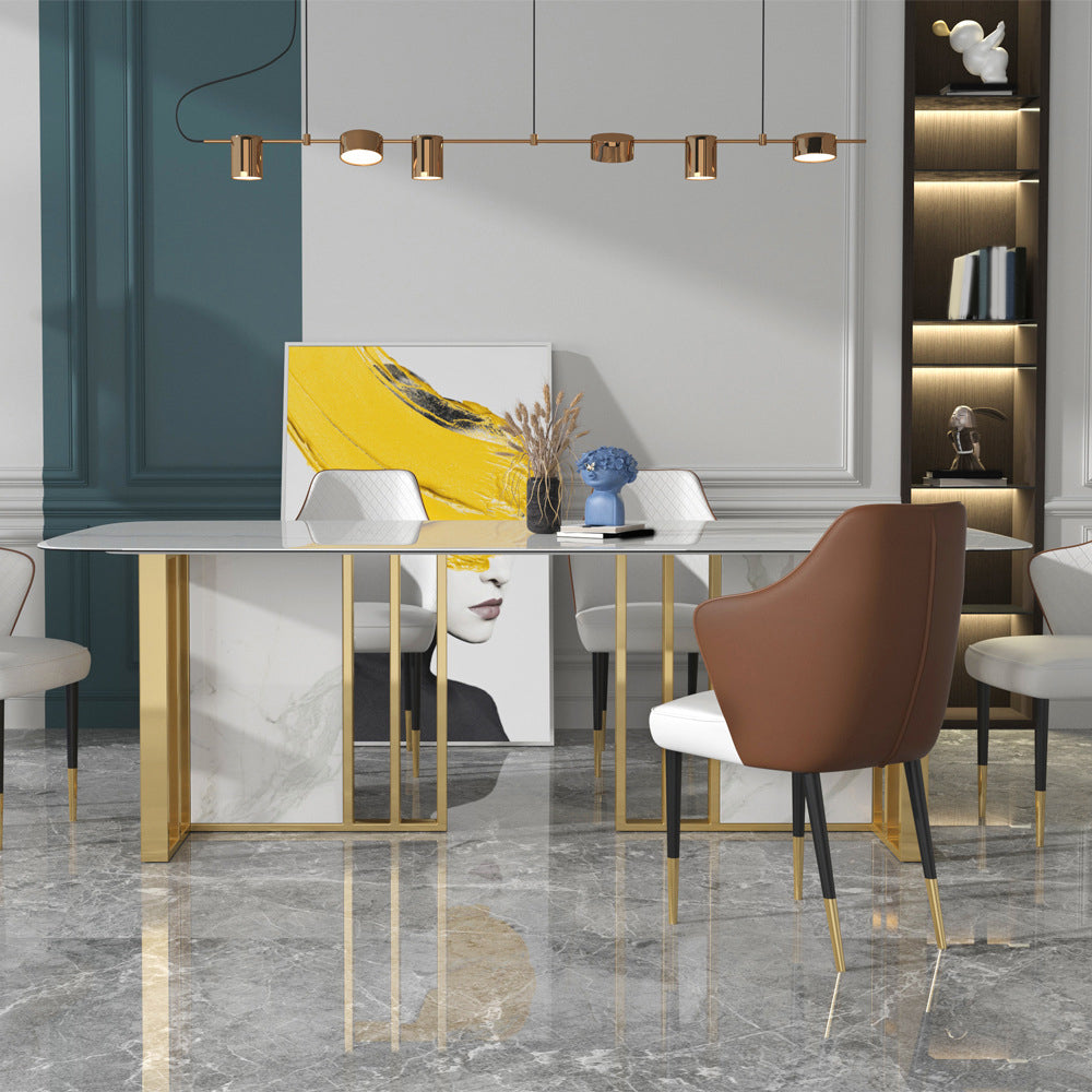 Glam Rectangle Dining Table Sintered Stone Table with Metal Legs for Home Use 63"L x 35.4"W x 29.5"H Without Chairs Clearhalo 'Dining Tables & Seating' 'Dining Tables' 'dining_table' 'furn' 'furn_dining_table' 'Furniture' 'Kitchen & Dining Furniture' 6513364