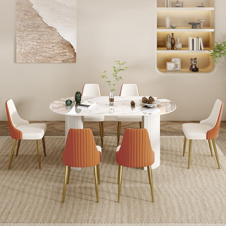Mesa de comedor ovalada moderna, mesa de comedor de piedra con pedestal doble de hierro