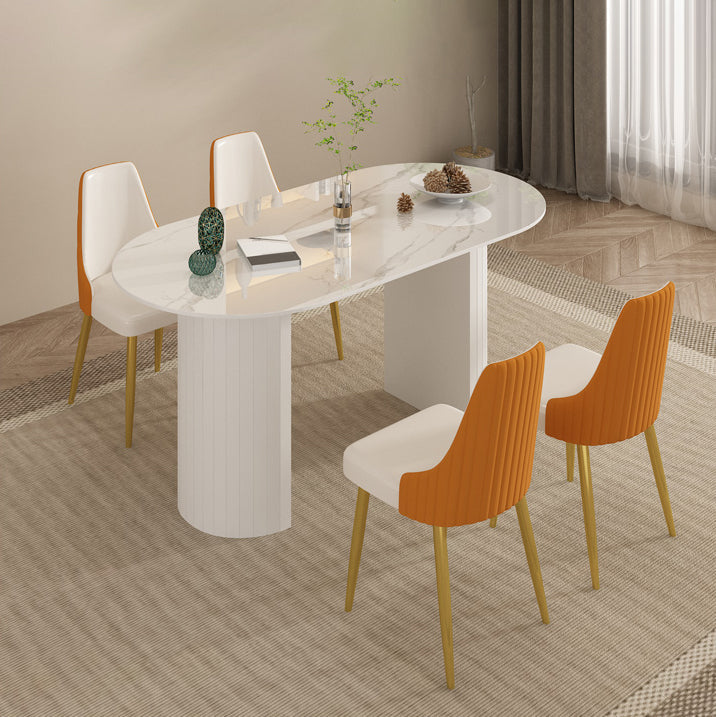 Mesa de comedor ovalada moderna, mesa de comedor de piedra con pedestal doble de hierro