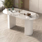 Mesa de comedor ovalada moderna, mesa de comedor de piedra con pedestal doble de hierro