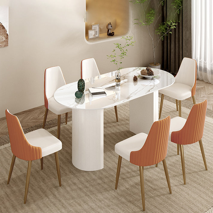 Mesa de comedor ovalada moderna, mesa de comedor de piedra con pedestal doble de hierro