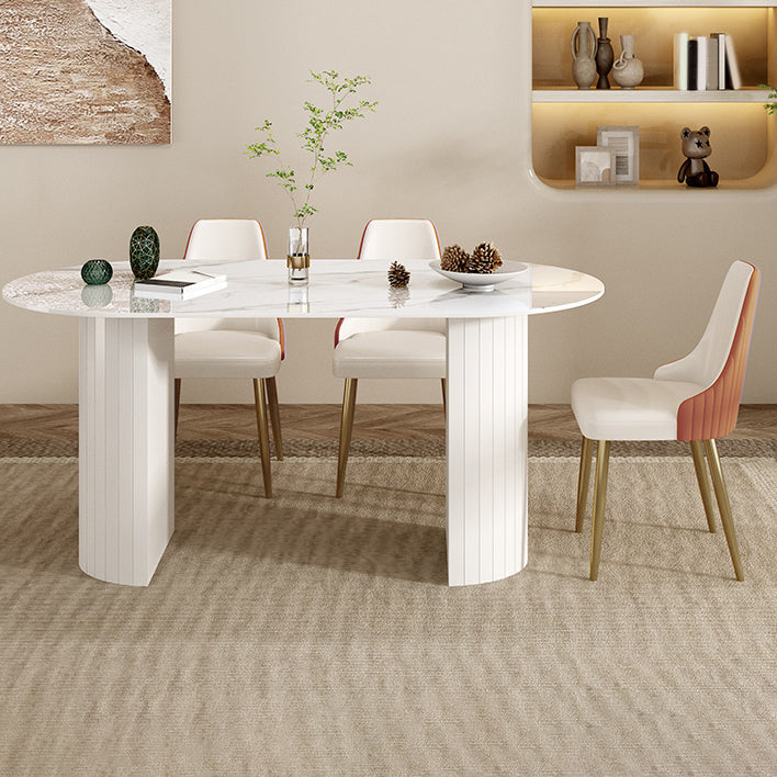 Mesa de comedor ovalada moderna, mesa de comedor de piedra con pedestal doble de hierro