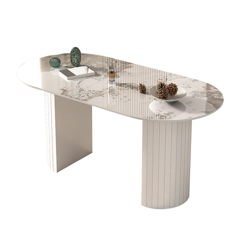 Mesa de comedor ovalada moderna, mesa de comedor de piedra con pedestal doble de hierro