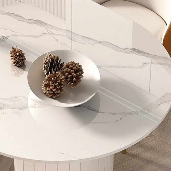 Mesa de comedor ovalada moderna, mesa de comedor de piedra con pedestal doble de hierro