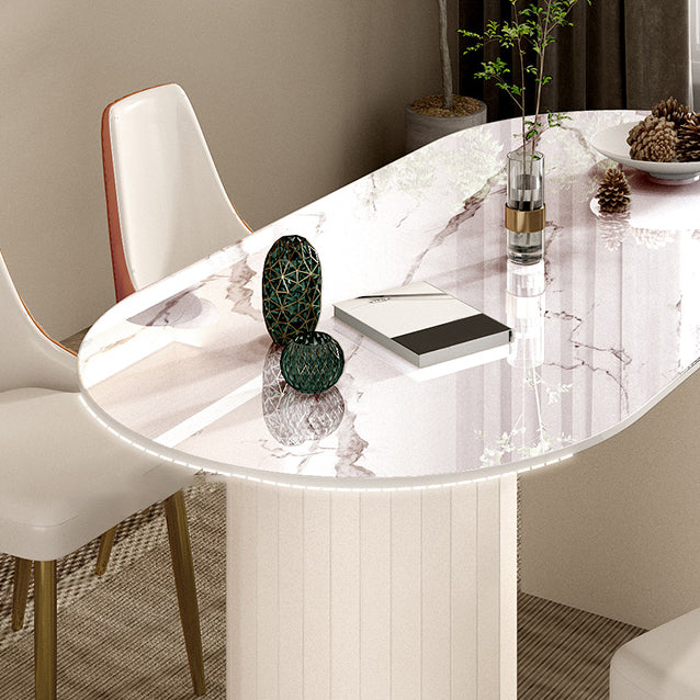 Mesa de comedor ovalada moderna, mesa de comedor de piedra con pedestal doble de hierro
