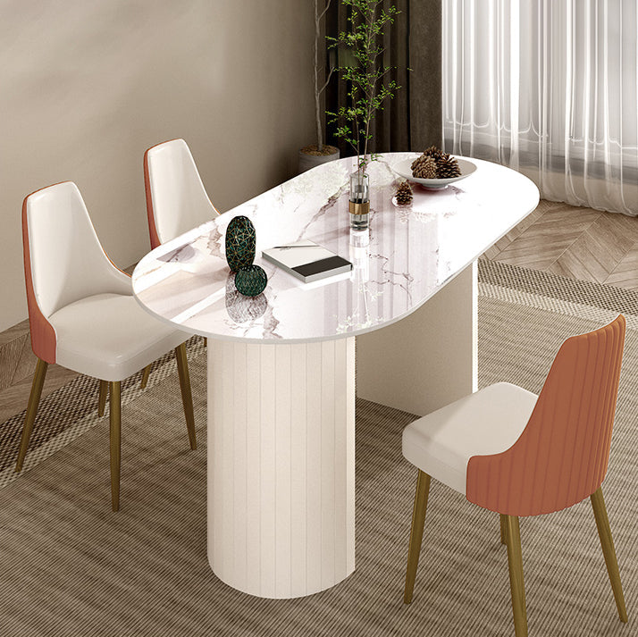 Mesa de comedor ovalada moderna, mesa de comedor de piedra con pedestal doble de hierro