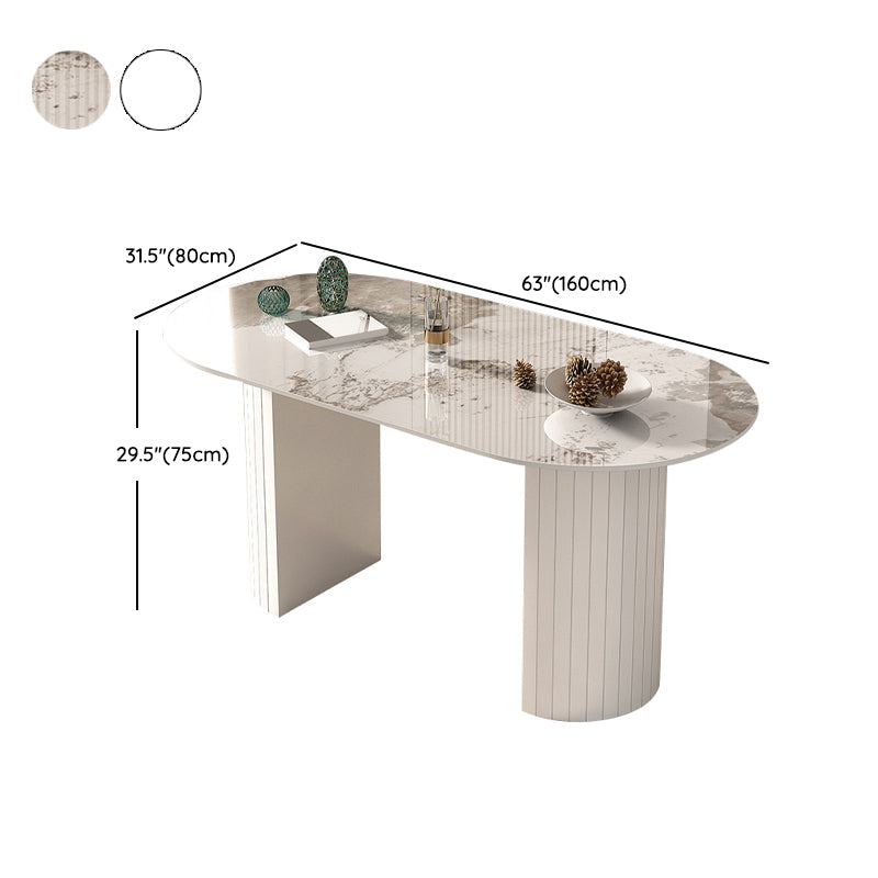 Mesa de comedor ovalada moderna, mesa de comedor de piedra con pedestal doble de hierro