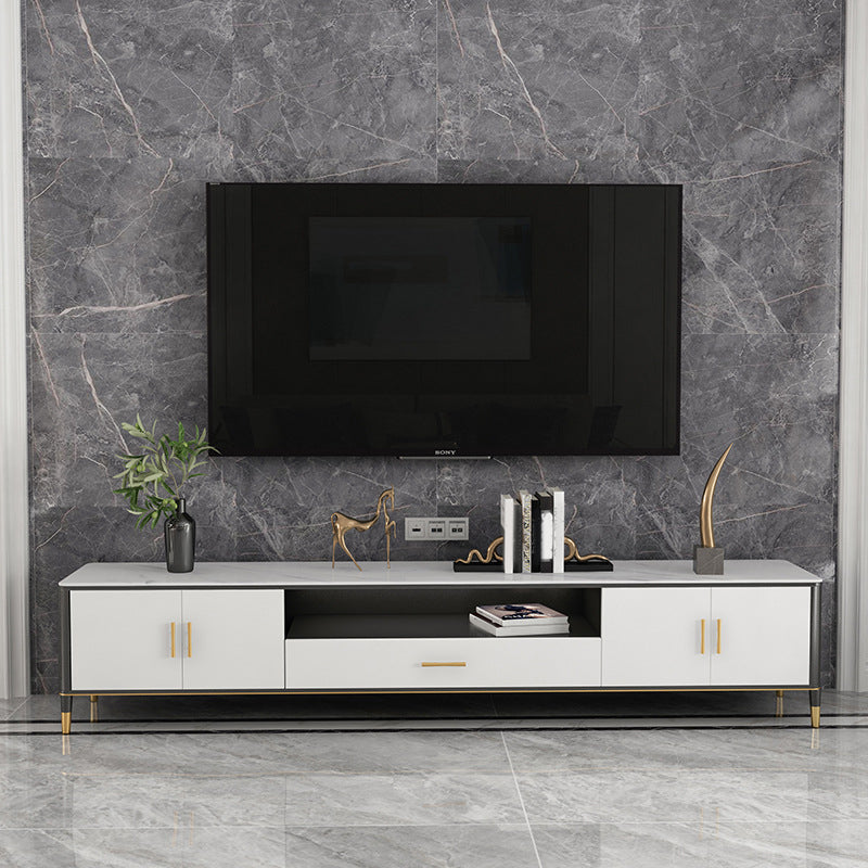 Stone Media Console TV Stand Open Storage TV Stand with Drawer 87"L x 16"W x 18"H White Clearhalo 'furn' 'furn_tv_stands_entertainment_centers' 'Furniture' 'Living Room Furniture' 'TV Stands & Entertainment Centers' 'TV Stands & Media Storage Furniture' 'tv_stands_entertainment_centers' 6513574