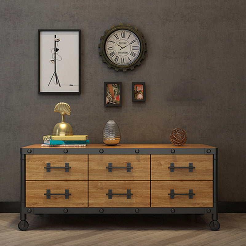 Console TV industrielle en pin, support multimédia de rangement fermé avec tiroirs pour le salon