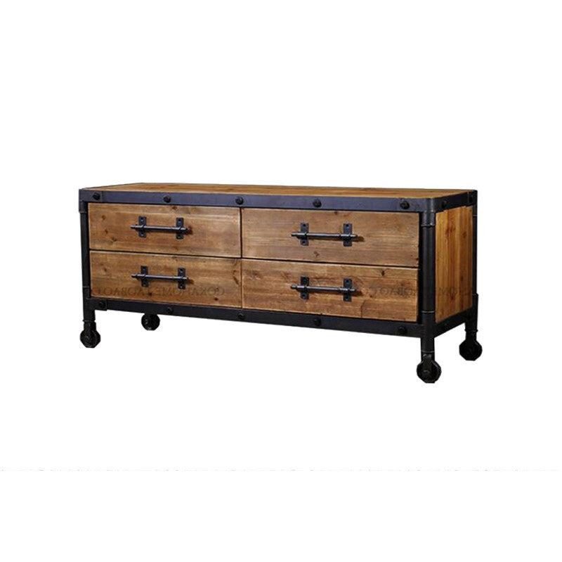 Console TV industrielle en pin, support multimédia de rangement fermé avec tiroirs pour le salon