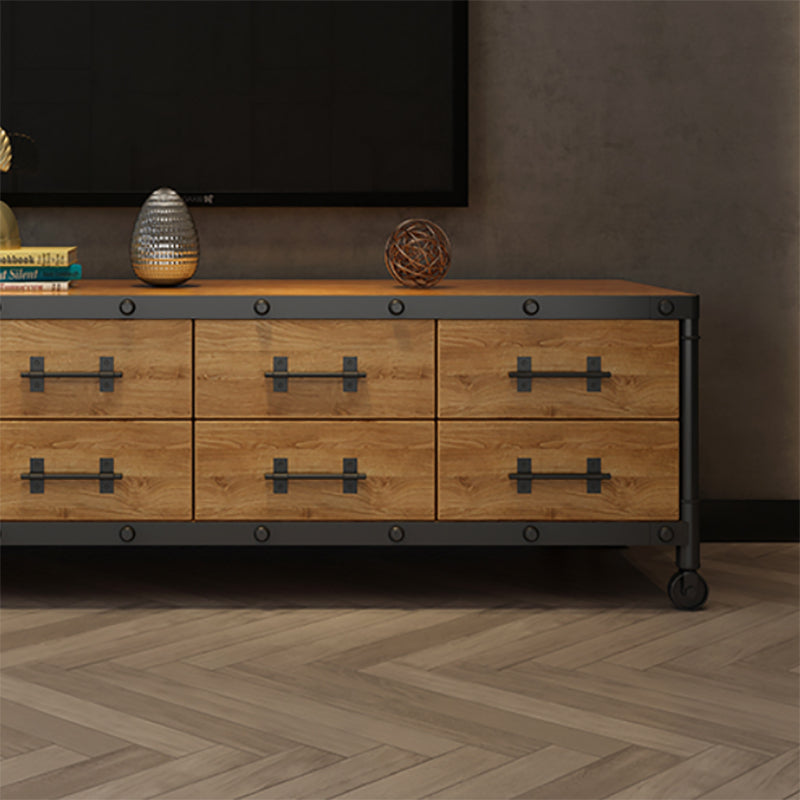 Console TV industrielle en pin, support multimédia de rangement fermé avec tiroirs pour le salon