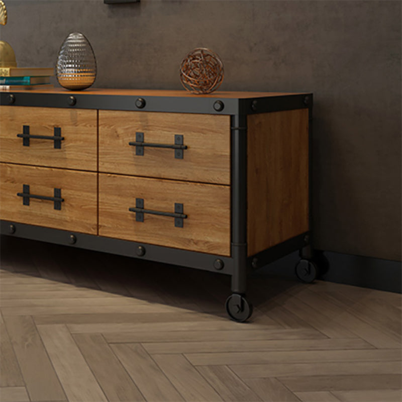 Console TV industrielle en pin, support multimédia de rangement fermé avec tiroirs pour le salon