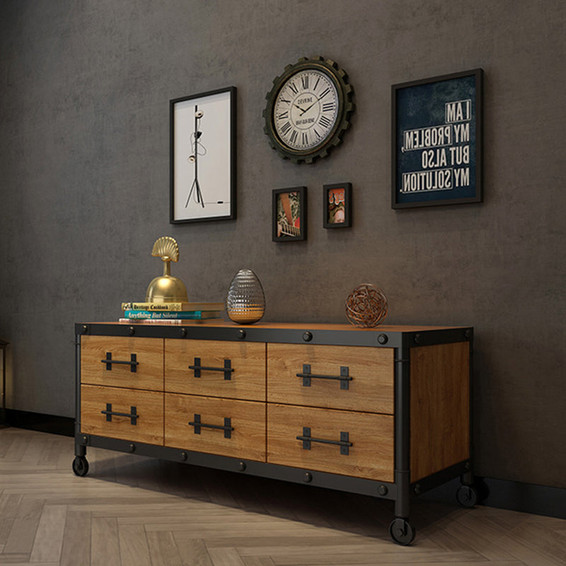Console TV industrielle en pin, support multimédia de rangement fermé avec tiroirs pour le salon