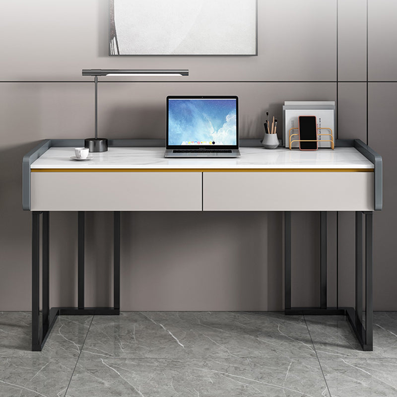 Contemporary Stone Writing Desk Bedroom Office Desk with 2 Drawers White Clearhalo 'furn' 'furn_office_desk' 'Furniture' 'Office Desks' 'Office Furniture' 'office_desk' 6521431