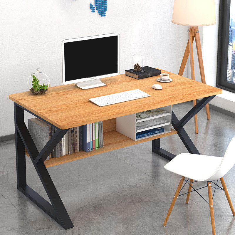 Industrial Curved Computer Desk Sled Office Desk with Storage Shelf 31"L x 16"W x 28"H Light Walnut Clearhalo 'furn' 'furn_office_desk' 'Furniture' 'Office Desks' 'Office Furniture' 'office_desk' 6521603