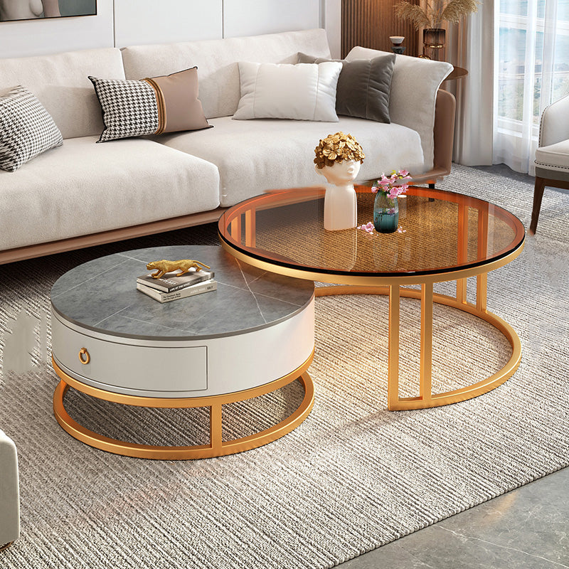 Modern Glass Coffee Cocktail Table Round Nesting Coffee Table Set Grey-Gold-White Clearhalo 'Coffee & Accent Tables' 'Coffee Tables' 'coffee_tables' 'furn' 'furn_coffee_tables' 'Furniture' 'Living Room Furniture' 6522890