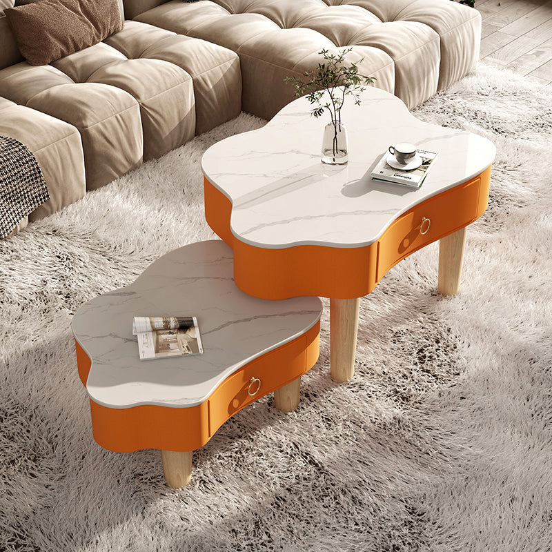 Modern Free Form Slate Cocktail Table Wood 4 Legs Coffee Table with Drawers 31"L x 24"W x 22"H + 24"L x 20"W x 16"H Orange White Clearhalo 'Coffee & Accent Tables' 'Coffee Tables' 'coffee_tables' 'furn' 'furn_coffee_tables' 'Furniture' 'Living Room Furniture' 6523198