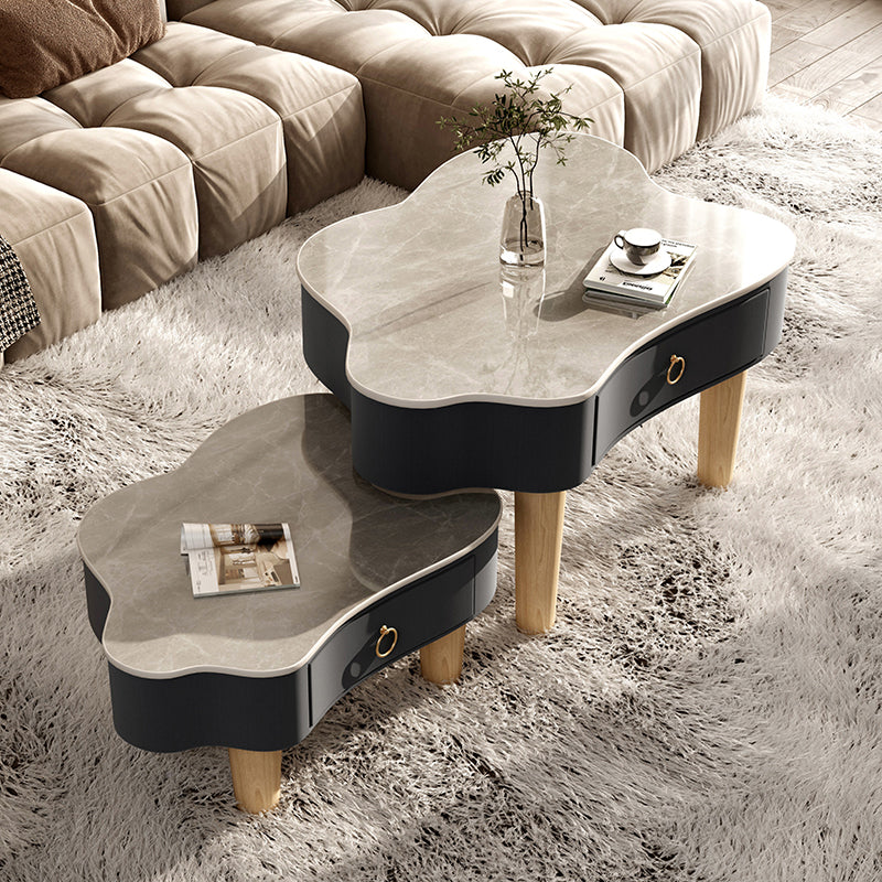 Modern Free Form Slate Cocktail Table Wood 4 Legs Coffee Table with Drawers 31"L x 24"W x 22"H + 24"L x 20"W x 16"H Gray Black Clearhalo 'Coffee & Accent Tables' 'Coffee Tables' 'coffee_tables' 'furn' 'furn_coffee_tables' 'Furniture' 'Living Room Furniture' 6523199