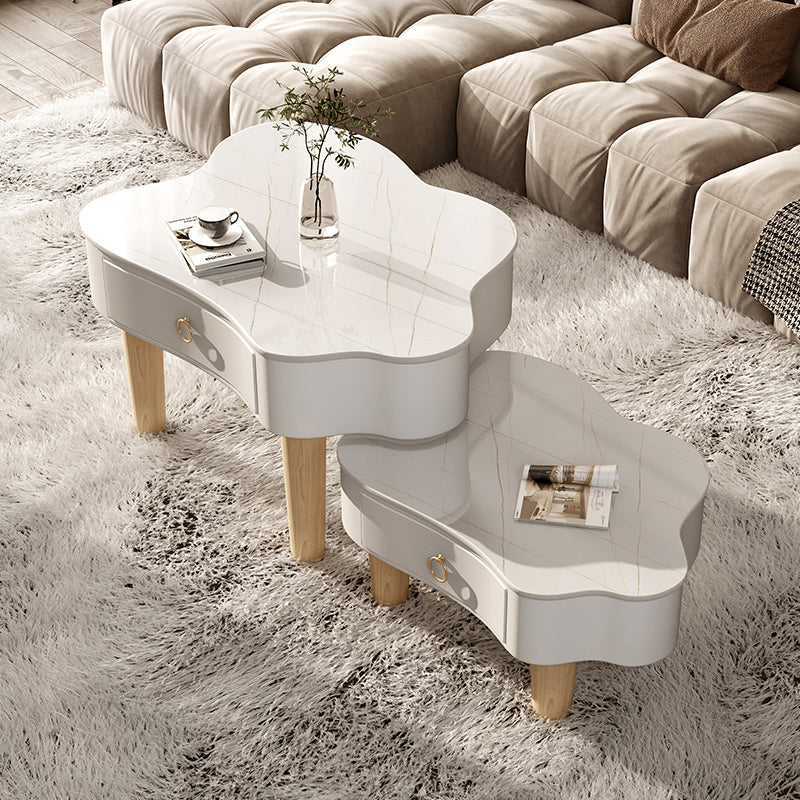 Modern Free Form Slate Cocktail Table Wood 4 Legs Coffee Table with Drawers 31"L x 24"W x 22"H + 24"L x 20"W x 16"H White Clearhalo 'Coffee & Accent Tables' 'Coffee Tables' 'coffee_tables' 'furn' 'furn_coffee_tables' 'Furniture' 'Living Room Furniture' 6523201