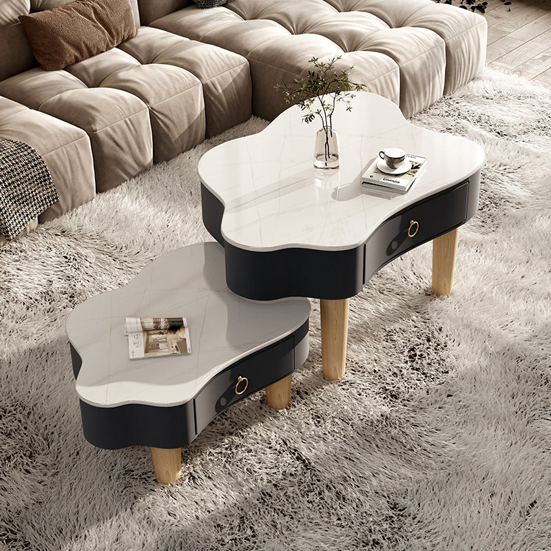 Modern Free Form Slate Cocktail Table Wood 4 Legs Coffee Table with Drawers 31"L x 24"W x 22"H + 24"L x 20"W x 16"H Black-White Clearhalo 'Coffee & Accent Tables' 'Coffee Tables' 'coffee_tables' 'furn' 'furn_coffee_tables' 'Furniture' 'Living Room Furniture' 6523202