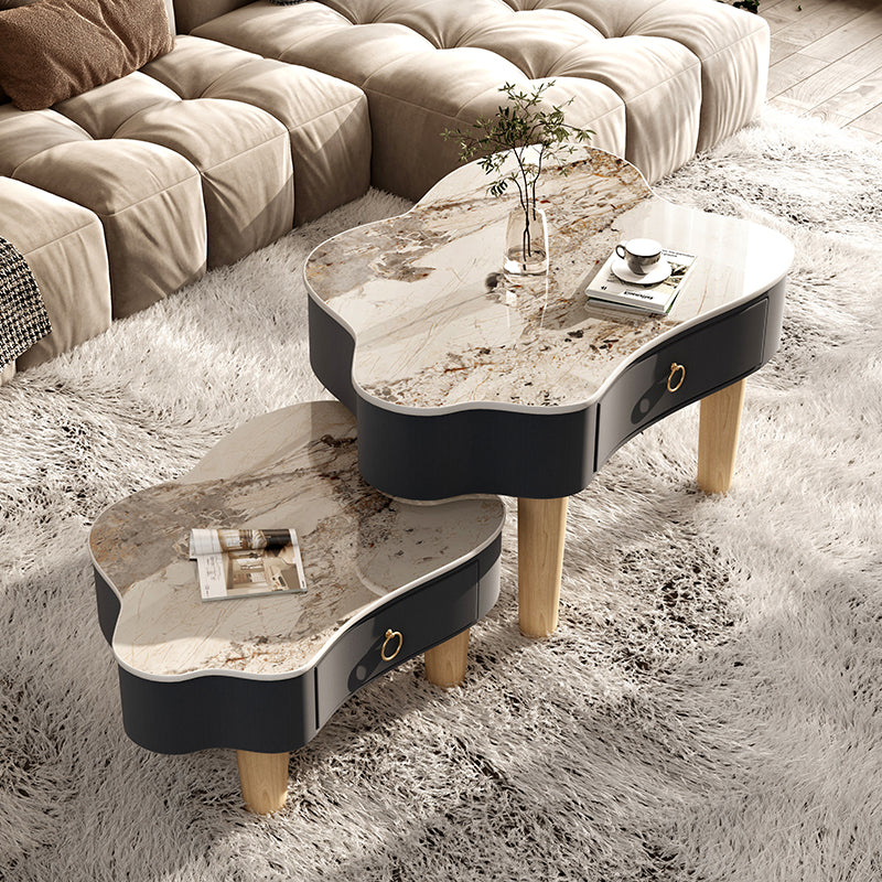 Modern Free Form Slate Cocktail Table Wood 4 Legs Coffee Table with Drawers 31"L x 24"W x 22"H + 24"L x 20"W x 16"H Pandora Black Clearhalo 'Coffee & Accent Tables' 'Coffee Tables' 'coffee_tables' 'furn' 'furn_coffee_tables' 'Furniture' 'Living Room Furniture' 6523204