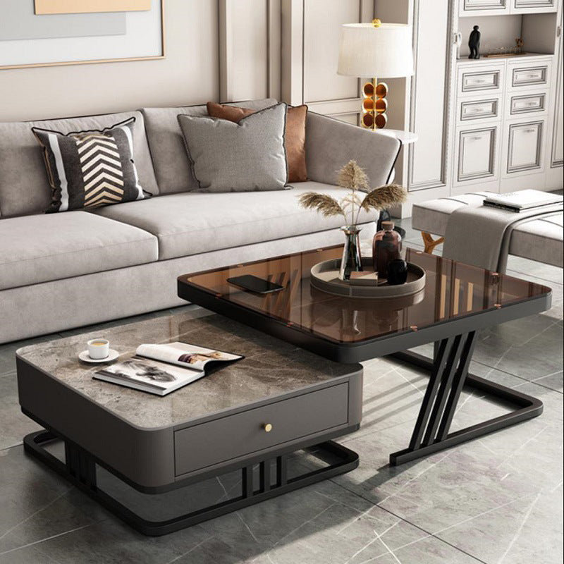 Modern Round Glass / Slate Cocktail Table Steel Frame Coffee Table with Drawer