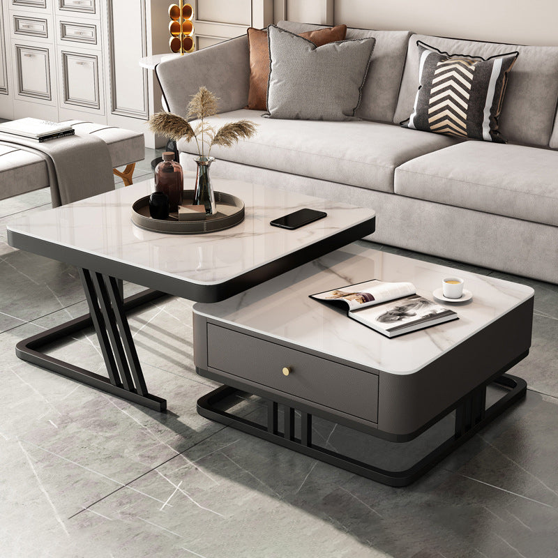 Modern Round Glass / Slate Cocktail Table Steel Frame Coffee Table with Drawer