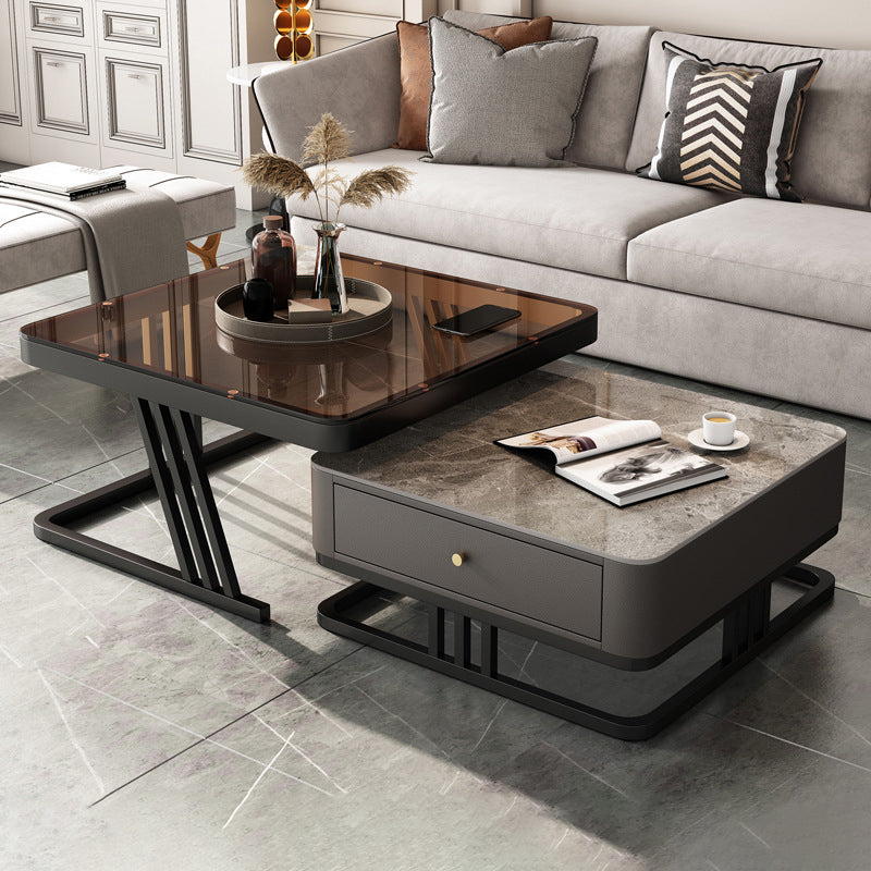Modern Round Glass / Slate Cocktail Table Steel Frame Coffee Table with Drawer
