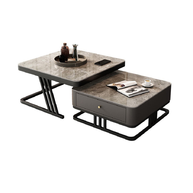 Modern Round Glass / Slate Cocktail Table Steel Frame Coffee Table with Drawer