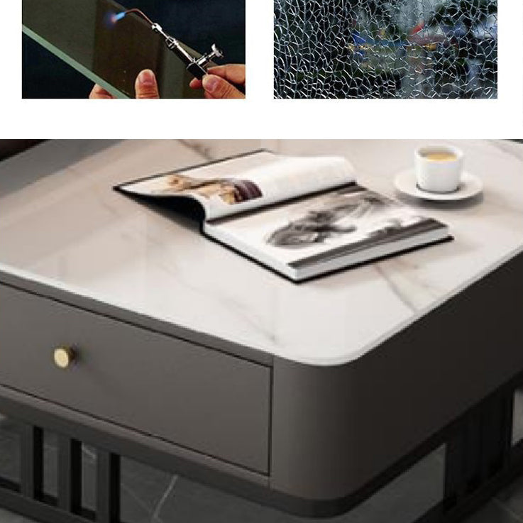 Modern Round Glass / Slate Cocktail Table Steel Frame Coffee Table with Drawer