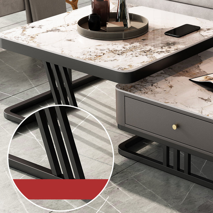 Modern Round Glass / Slate Cocktail Table Steel Frame Coffee Table with Drawer