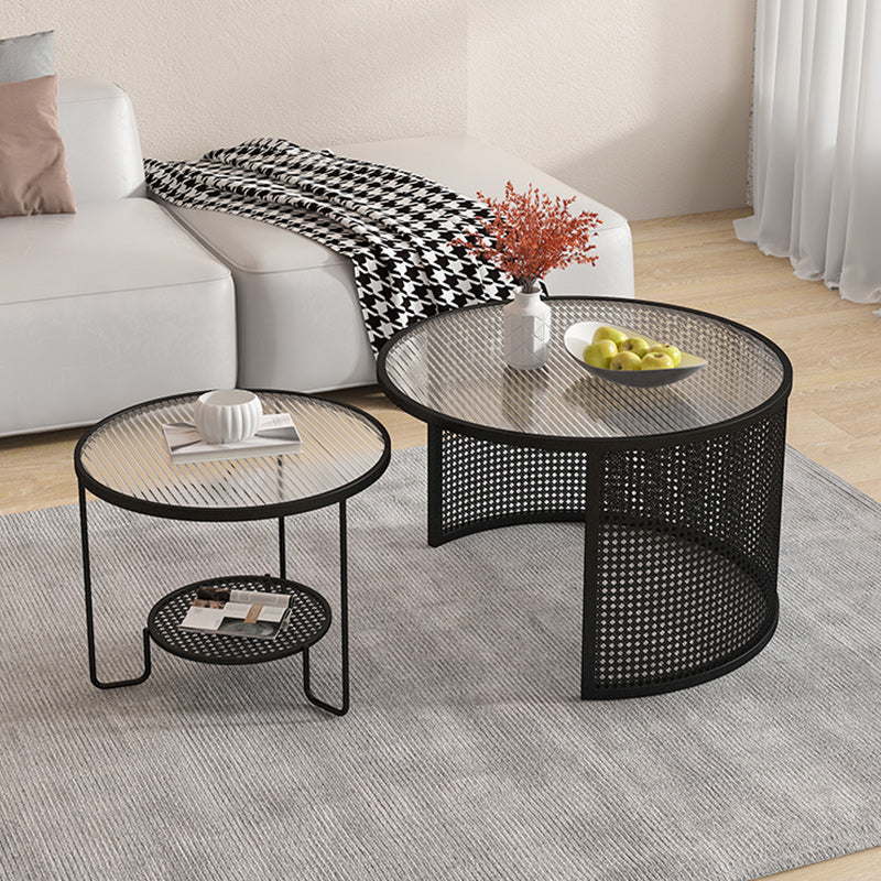Tropical Round Frame Cocktail Table Glass Top Coffee Table Set