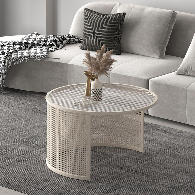 Tropical Round Frame Cocktail Table Glass Top Coffee Table Set