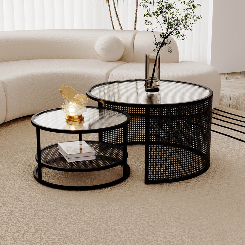 Tropical Round Frame Cocktail Table Glass Top Coffee Cocktail Table Clearhalo 'Coffee & Accent Tables' 'Coffee Tables' 'coffee_tables' 'furn' 'furn_coffee_tables' 'Furniture' 'Living Room Furniture' 6523457