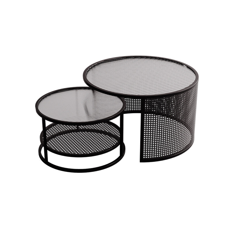 Tropical Round Frame Cocktail Table Glass Top Coffee Cocktail Table Black Clearhalo 'Coffee & Accent Tables' 'Coffee Tables' 'coffee_tables' 'furn' 'furn_coffee_tables' 'Furniture' 'Living Room Furniture' 6523462