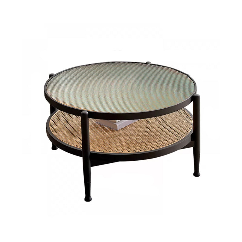 Tropical Round Cocktail Table Glass Top Coffee Cocktail Table with Shelf 35"L x 35"W x 17.7"H Black Clearhalo 'Coffee & Accent Tables' 'Coffee Tables' 'coffee_tables' 'furn' 'furn_coffee_tables' 'Furniture' 'Living Room Furniture' 6523565